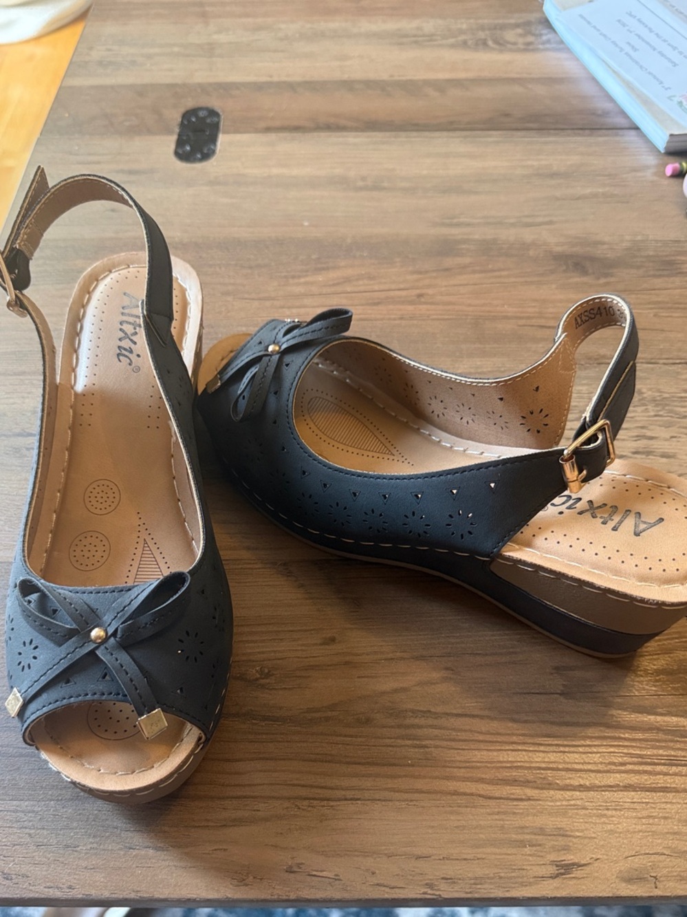 Women's Black Peep-Toe Slingback Wedge Sandals with Bow Detail
